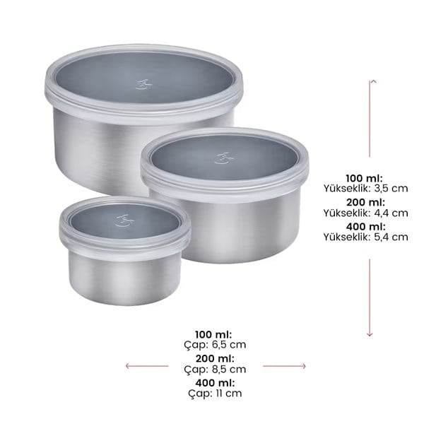 Lurch - Mini Saklama Seti, 100-200-400 ml, Paslanmaz Çelik, Silikon Sızdırmaz Kapaklı, Fırınlanabilir - 240885